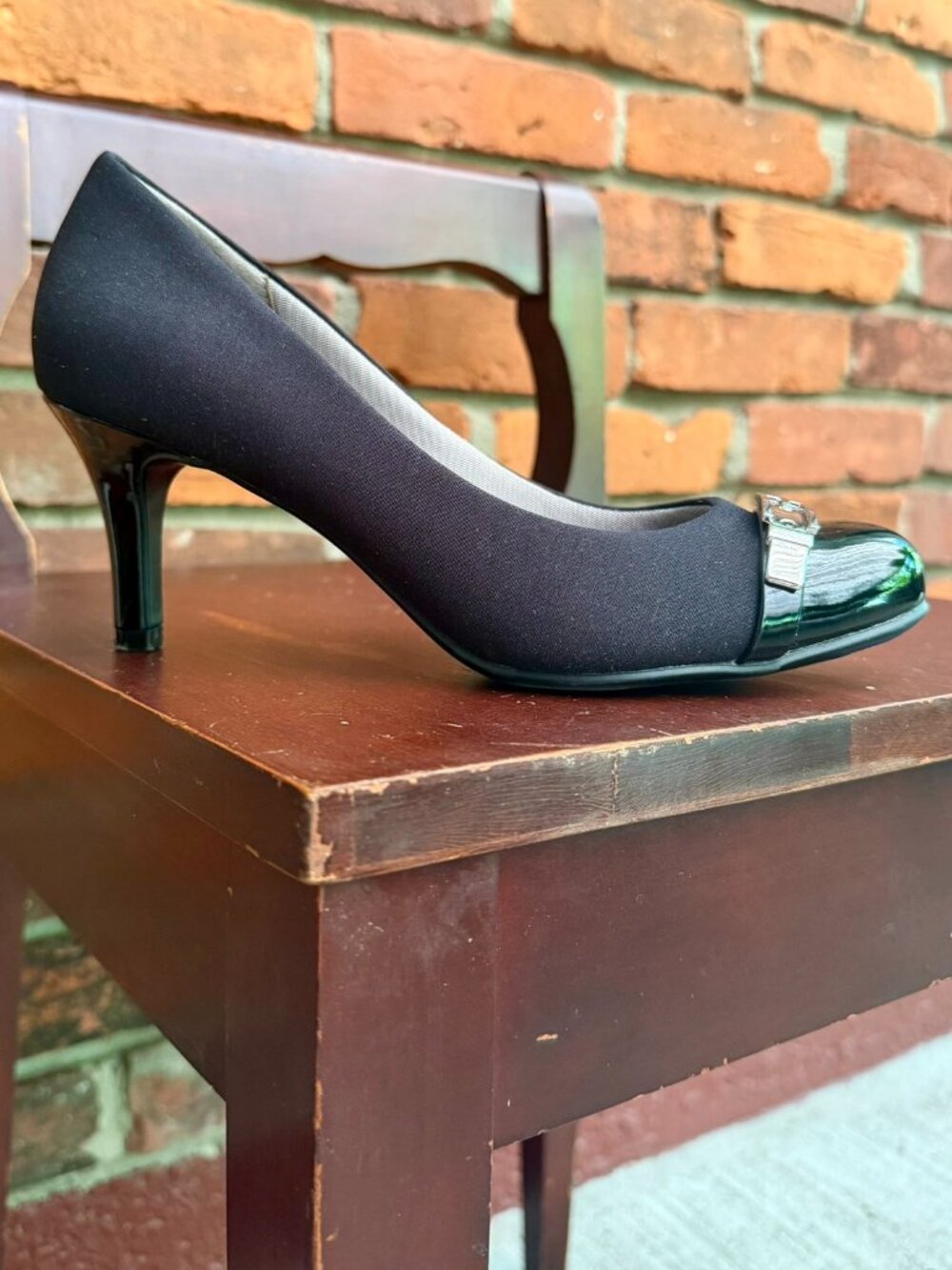 Life Stride Lover Heels, Black Patent & Linen, 7M, Silver Hardware & Soft System